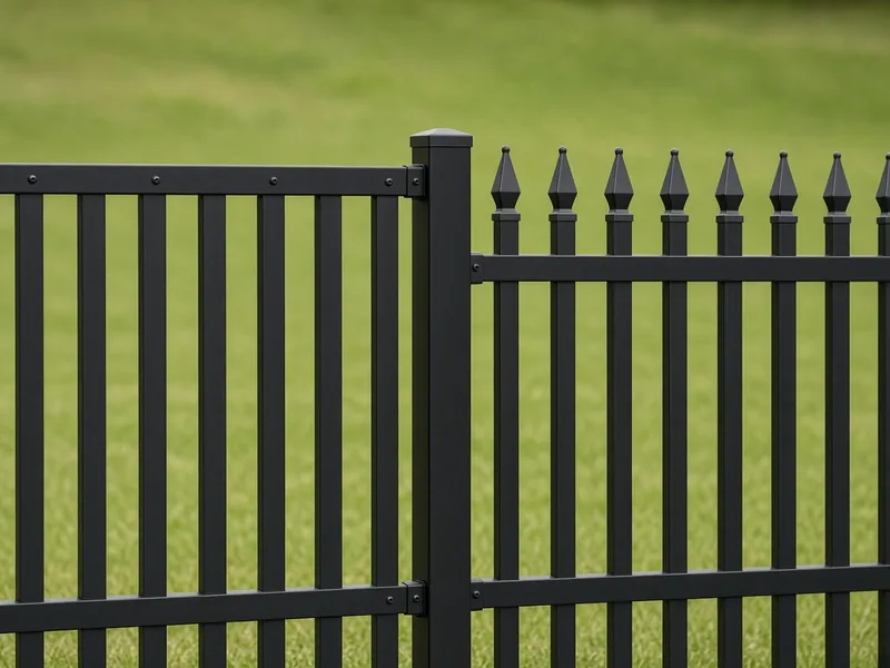 Flat-top and spear-top black aluminum fence sections meeting at a post, Murfreesboro, TN
