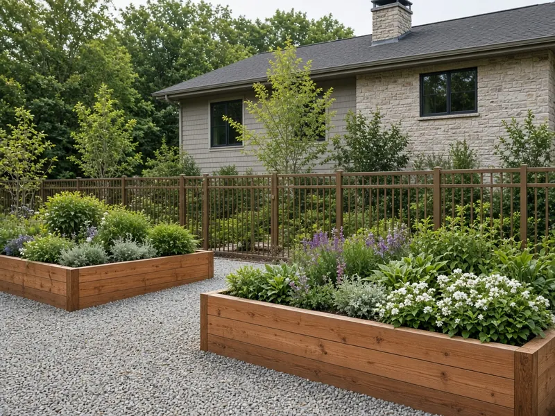 Bronze aluminum fence around a backyard garden with raised cedar beds