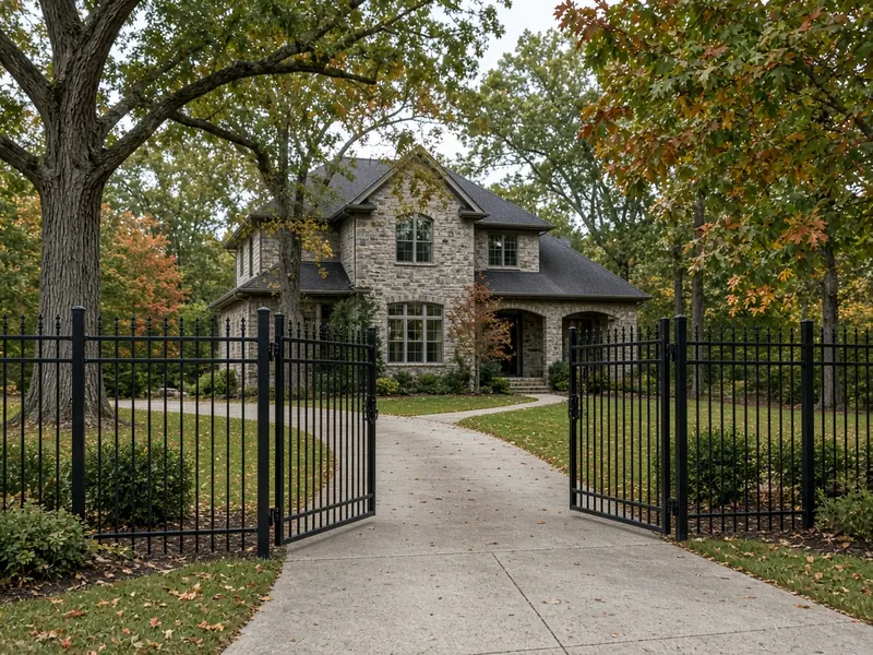 Black spear-top aluminum fence with double drive gate open at a stone home in autumn