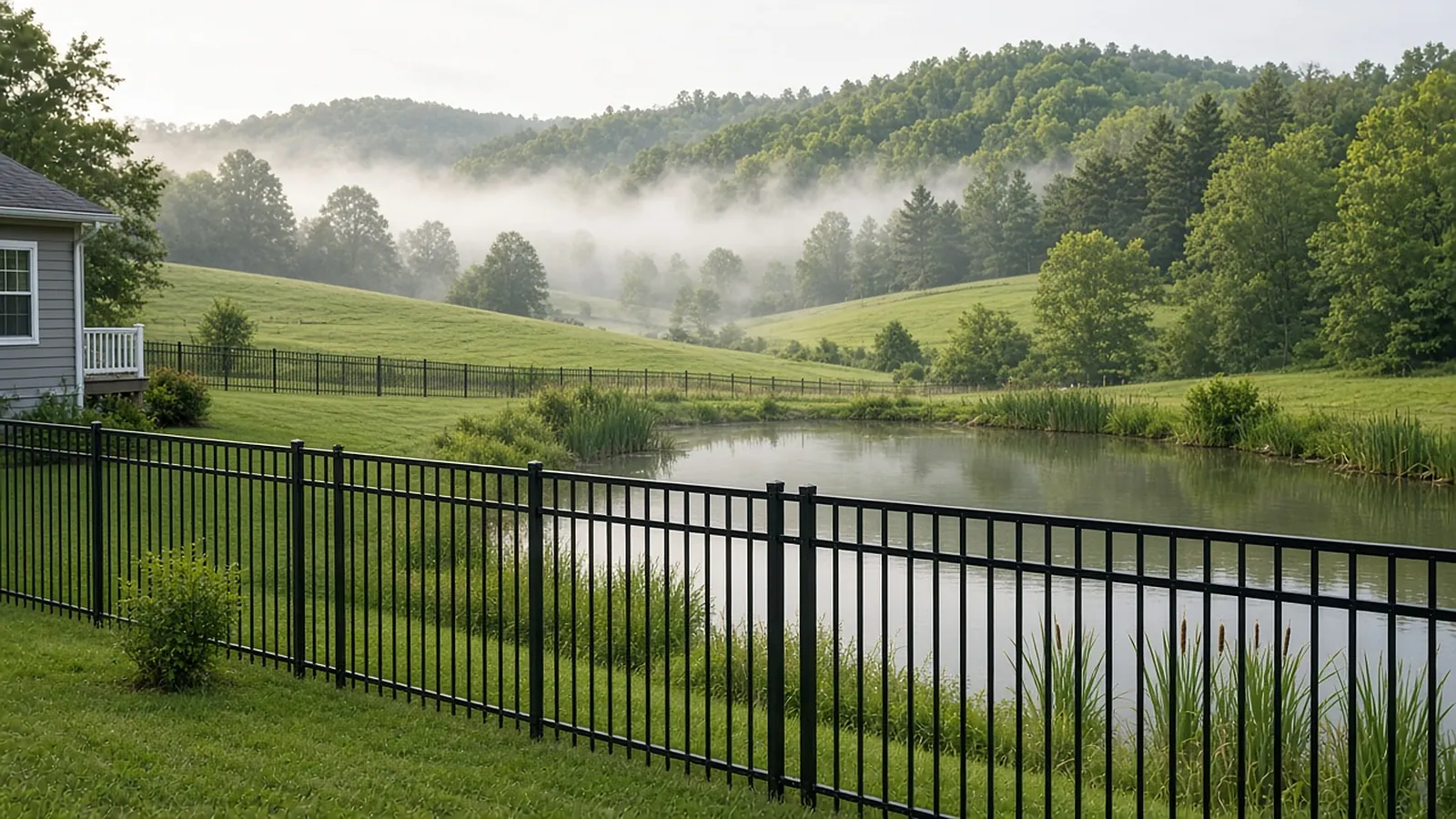Black aluminum flat-top fence along a farm pond with misty hills, Murfreesboro, TN