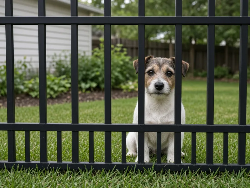 Small terrier behind a black aluminum puppy-picket fence panel, Murfreesboro, TN