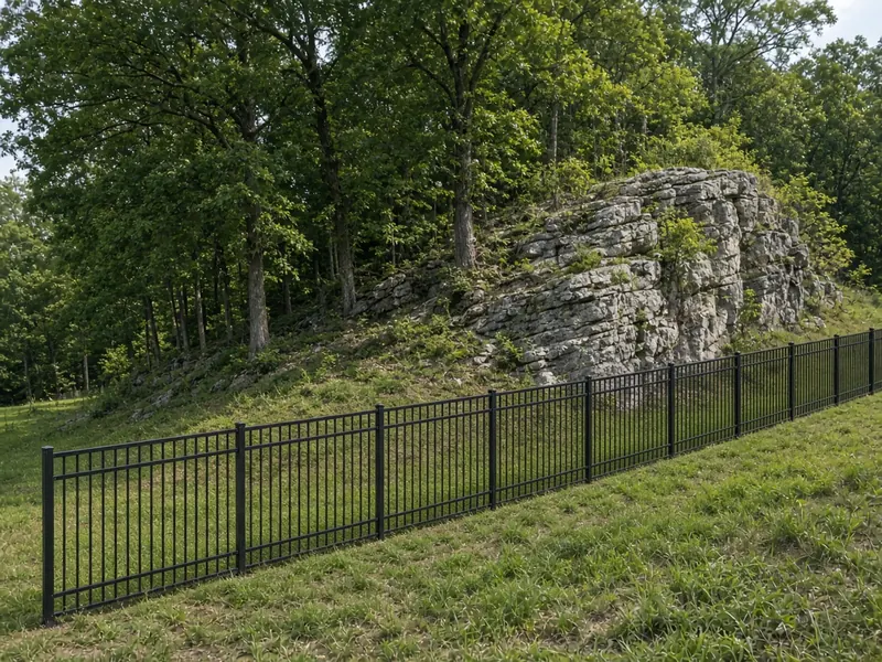Racked black aluminum fence following a hillside below a limestone outcrop, Murfreesboro, TN