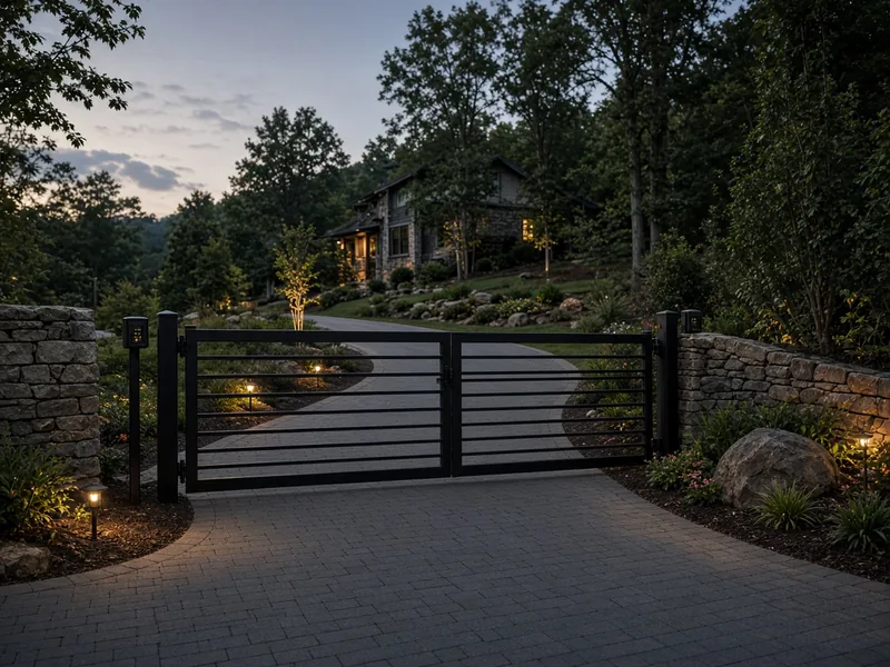 Automatic black steel gate with photo-eye posts at a hillside drive at dusk
