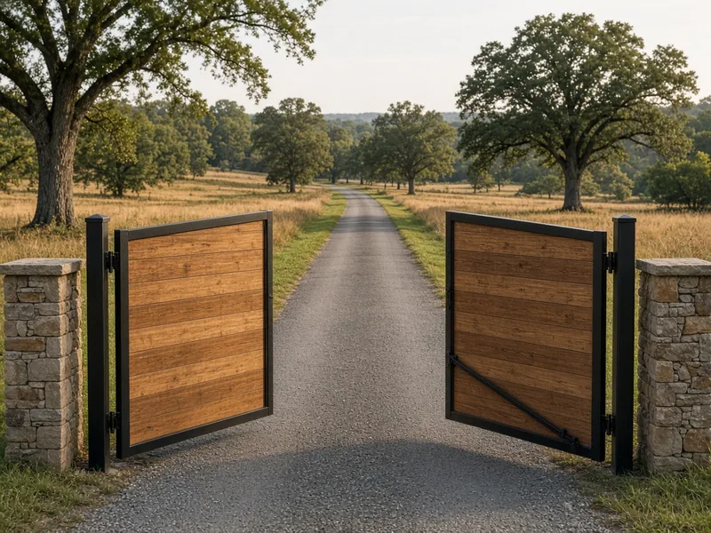 Automatic wood-and-steel double gate opening onto a lane through a hay field