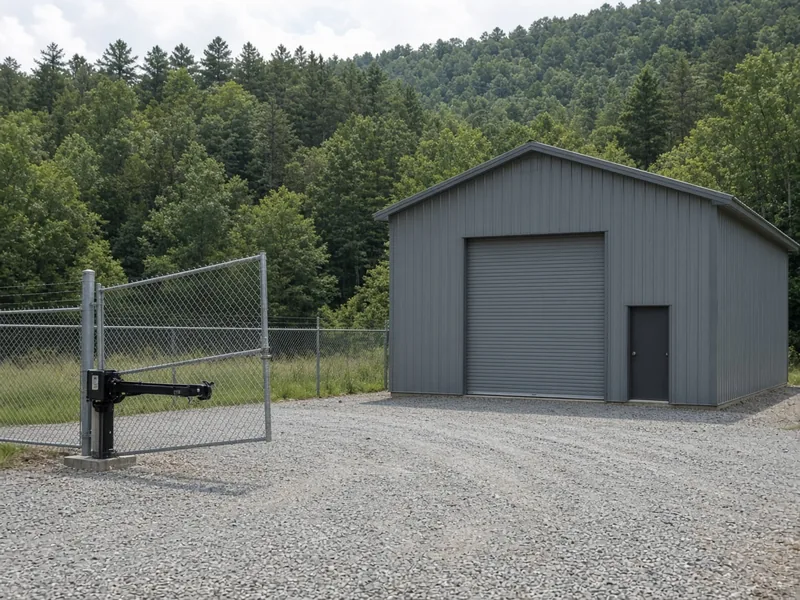 Automatic chain link swing gate at a rural metal shop yard