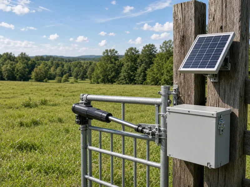 Solar panel and battery box powering an opener on a pasture pipe gate, Murfreesboro, TN