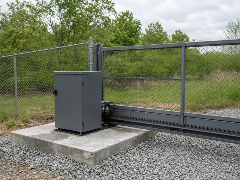 Slide gate operator on a concrete pad with gear rack along the gate, Murfreesboro, TN