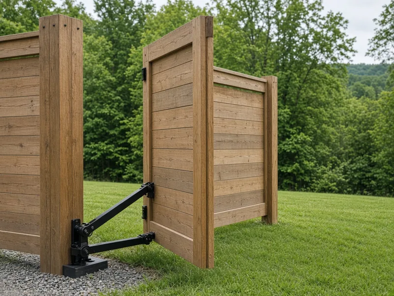 Articulated swing gate operator arm on a wood double gate, Murfreesboro, TN