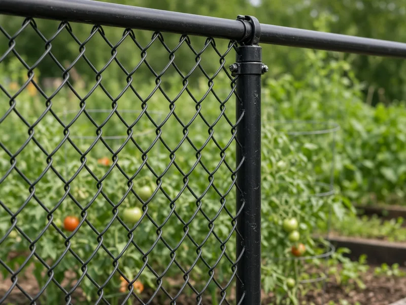 Black vinyl-coated chain link close-up beside a tomato garden, Murfreesboro, TN