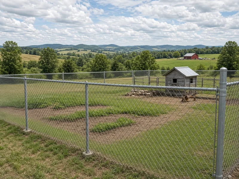 Galvanized chain link around a rural garden plot and coop with hills beyond