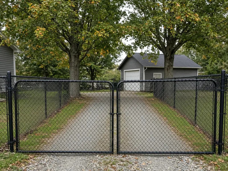 Black vinyl-coated chain link double drive gate to a backyard workshop