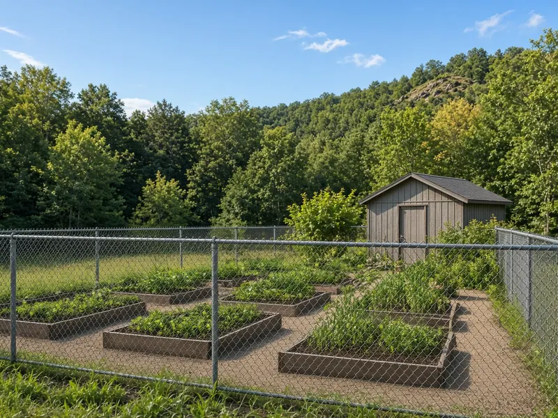 Galvanized chain link around a community garden with raised beds and shed
