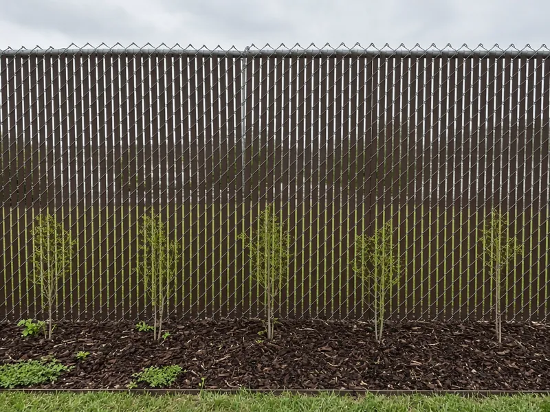 Chain link fence with brown privacy slats behind young crape myrtles, Murfreesboro, TN