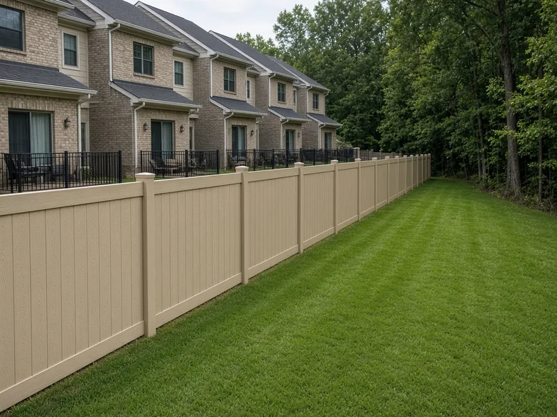 Tan vinyl privacy fence along the back line of a townhome community, Murfreesboro, TN