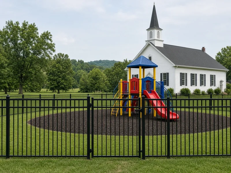 Black aluminum fence around a church playground in the country, Murfreesboro, TN