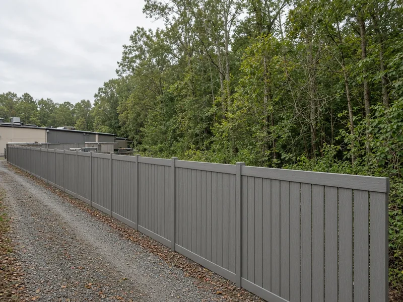 Gray composite screening fence along the rear line of a commercial property