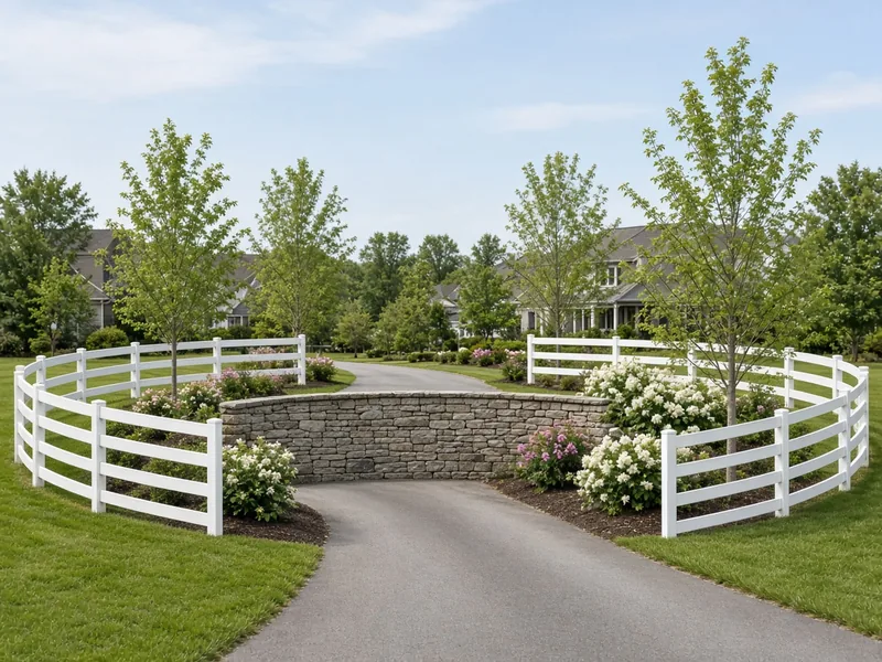 White vinyl three-rail fence at a subdivision entrance with stone wall