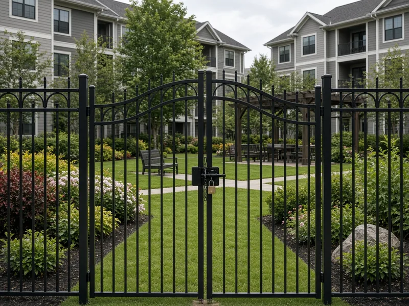 Black aluminum double gate locking an apartment courtyard