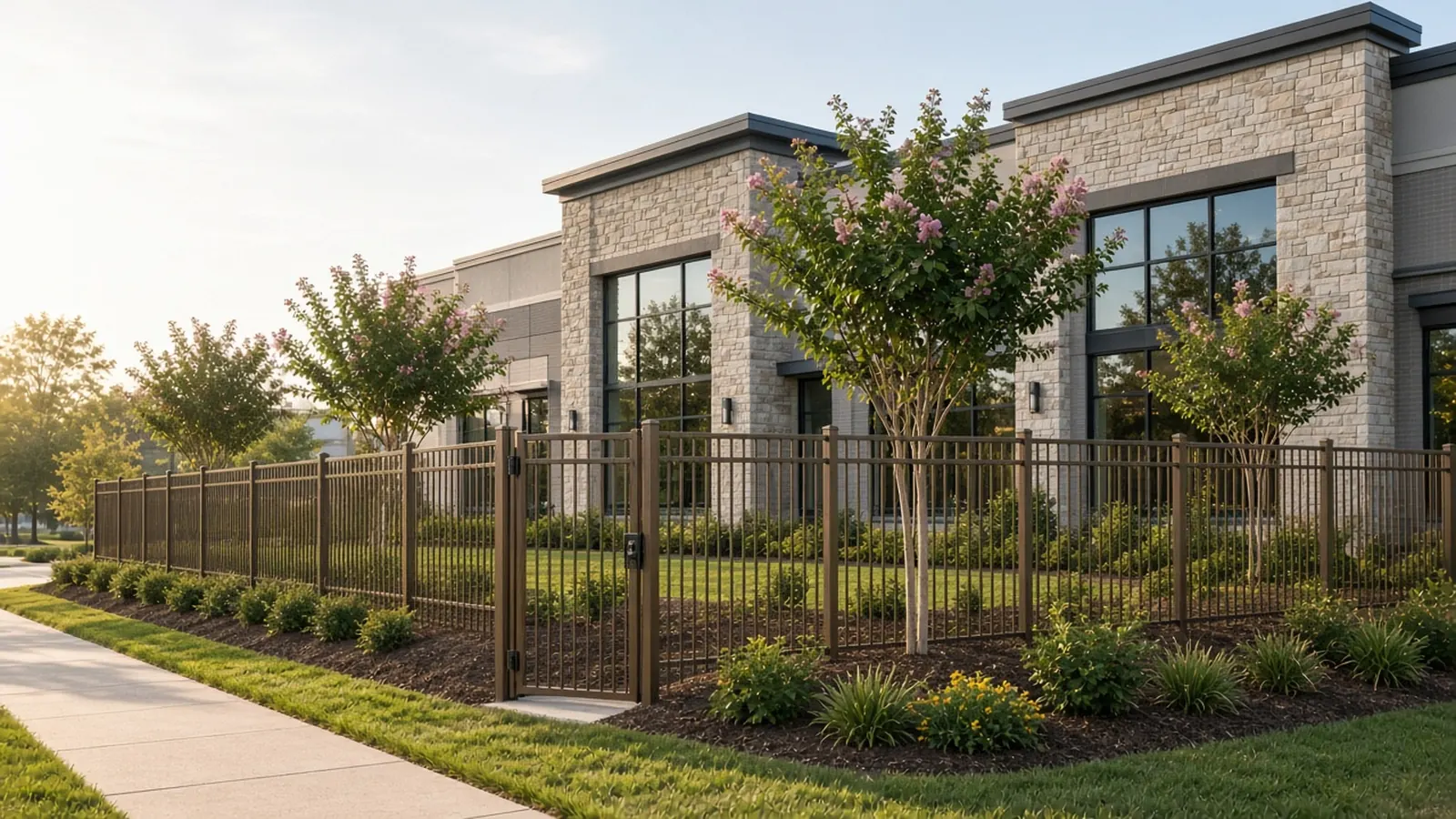 Bronze aluminum fence and gate along a stone-veneer commercial building frontage, Murfreesboro, TN