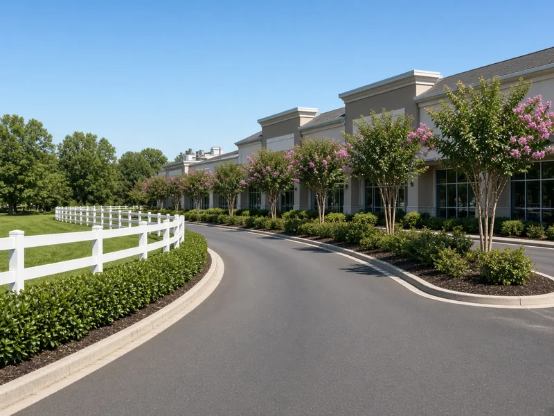 White vinyl rail fence along a retail center entrance drive with crape myrtles, Murfreesboro, TN