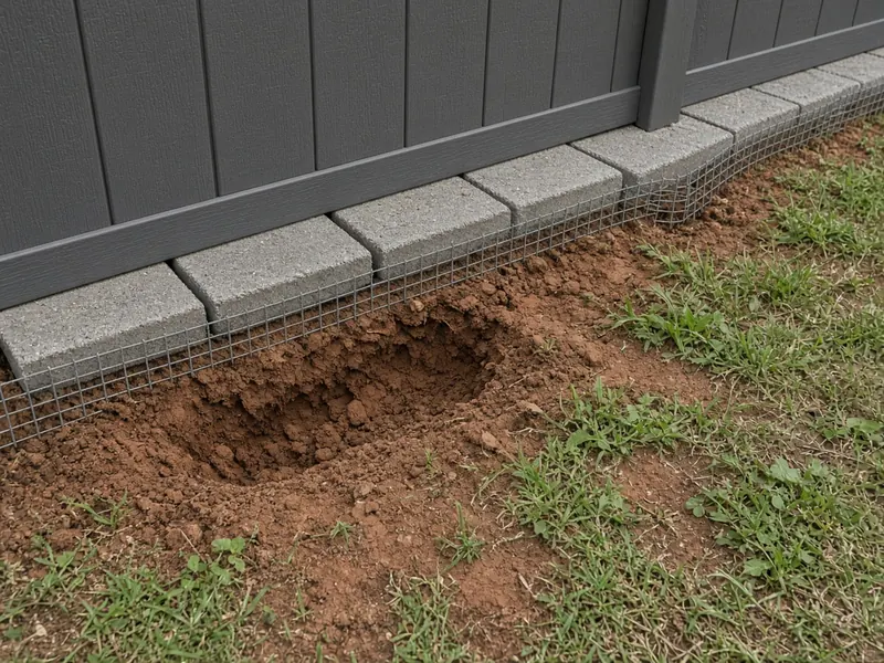 Buried pavers and wire footer at the base of a vinyl fence beside a filled dig hole, Murfreesboro, TN