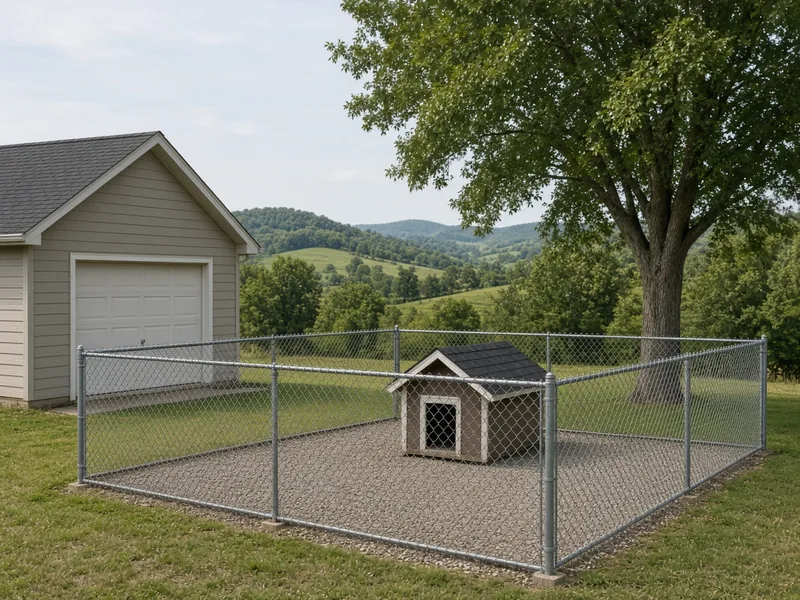 Chain link dog run with gravel floor and dog house beside a garage