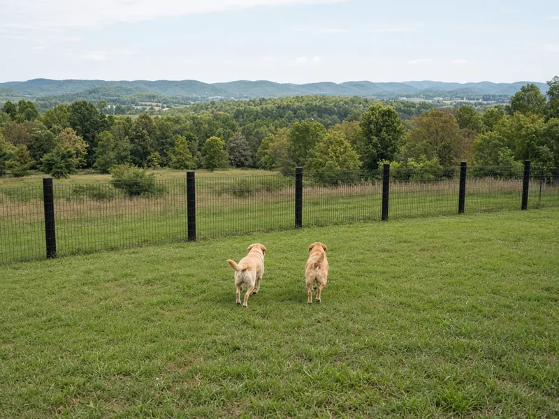 Two labs in a large rural yard fenced with black welded wire on black posts