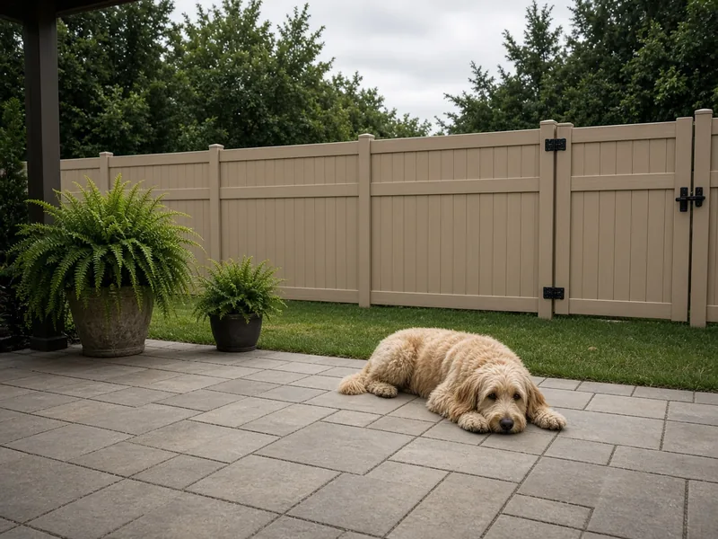 Doodle resting on a patio inside a tan vinyl privacy fence with walk gate