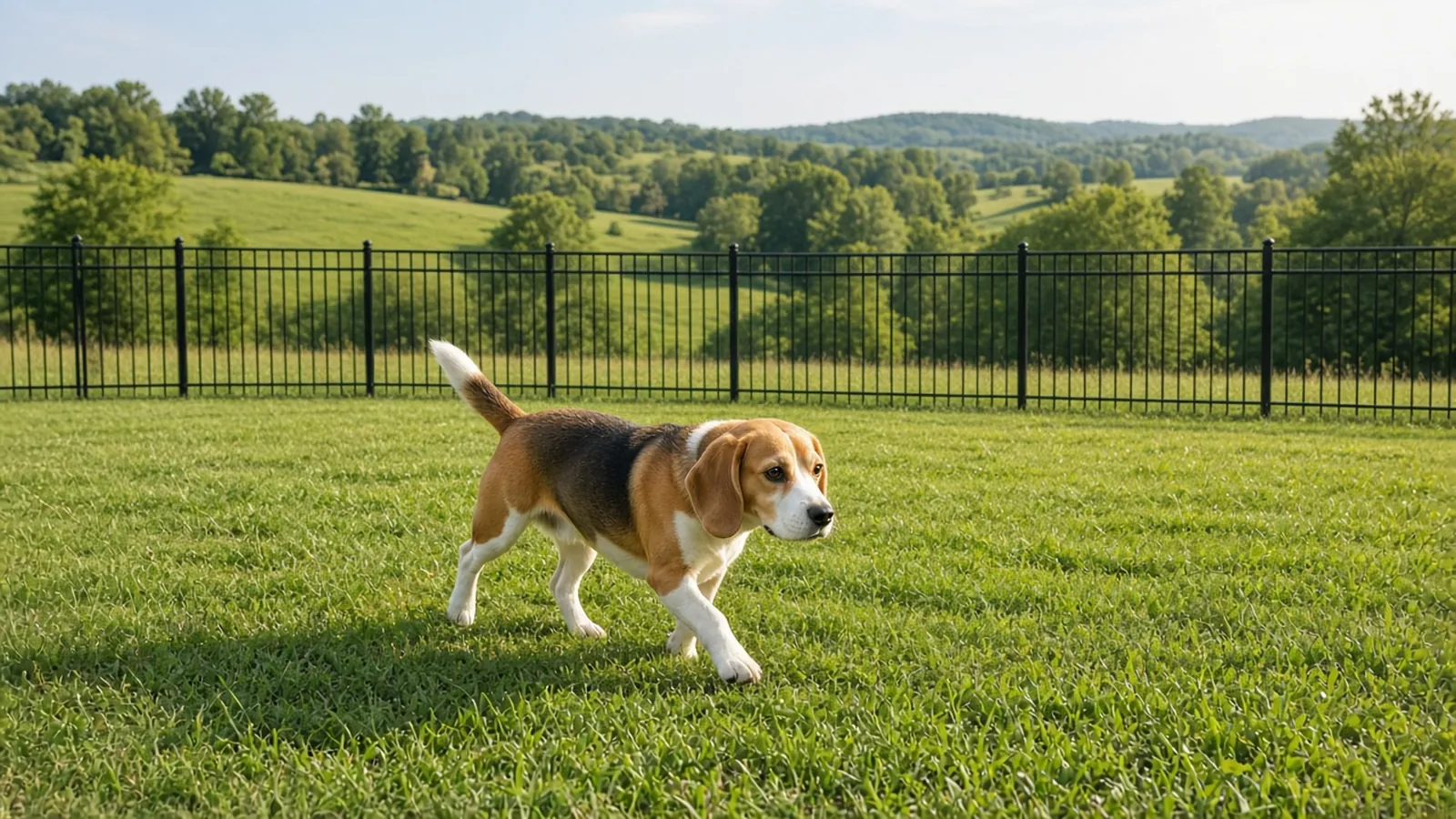 Beagle in a backyard enclosed by black aluminum fence with hills beyond, Murfreesboro, TN