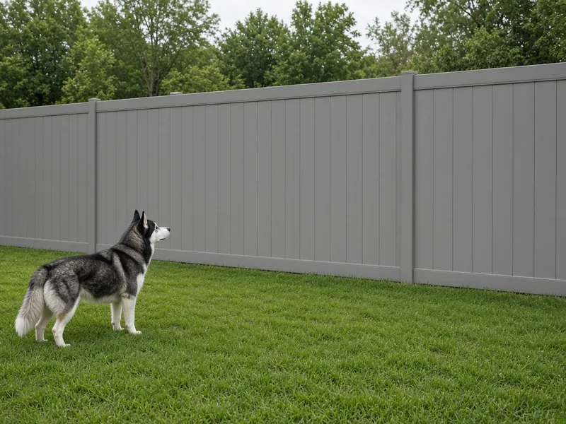 Husky looking up at a tall smooth gray vinyl privacy fence, Murfreesboro, TN