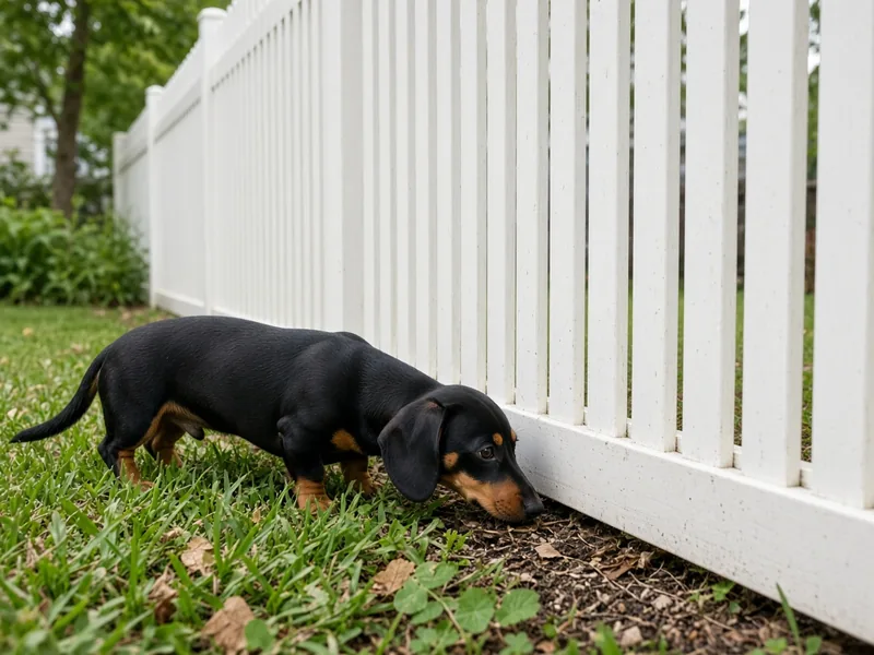 Dachshund sniffing the base of a tight-spaced white vinyl picket fence, Murfreesboro, TN