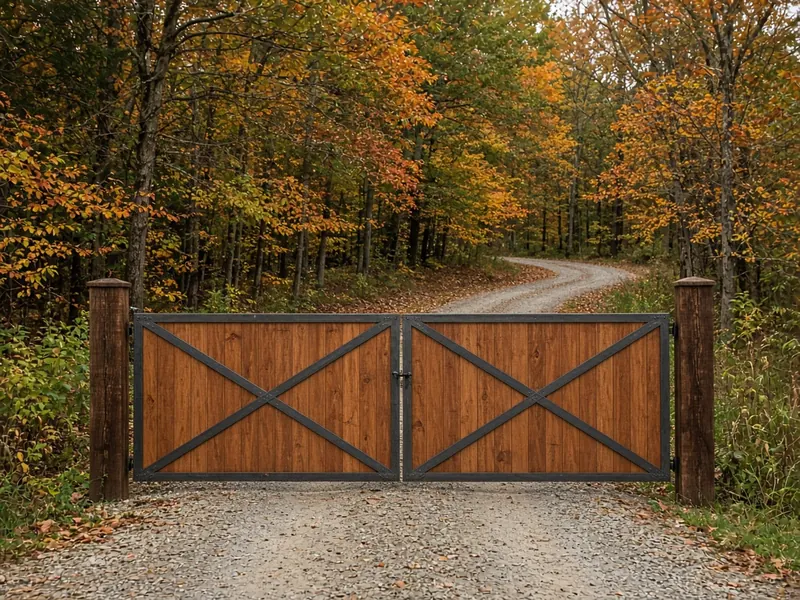 Steel-frame cedar double driveway gate at a wooded lot in autumn