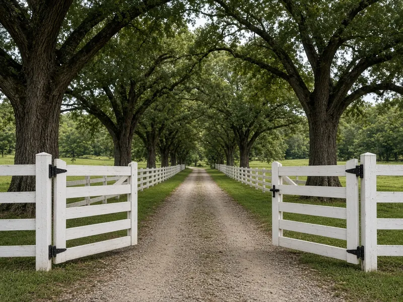 White four-board double gate opening onto an oak-lined farm lane