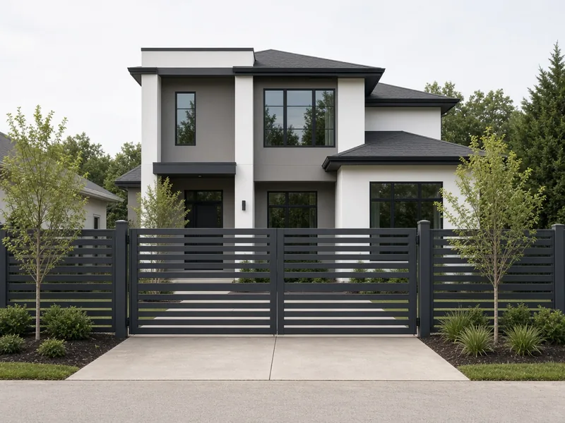 Dark gray horizontal-slat aluminum driveway gate at a modern home