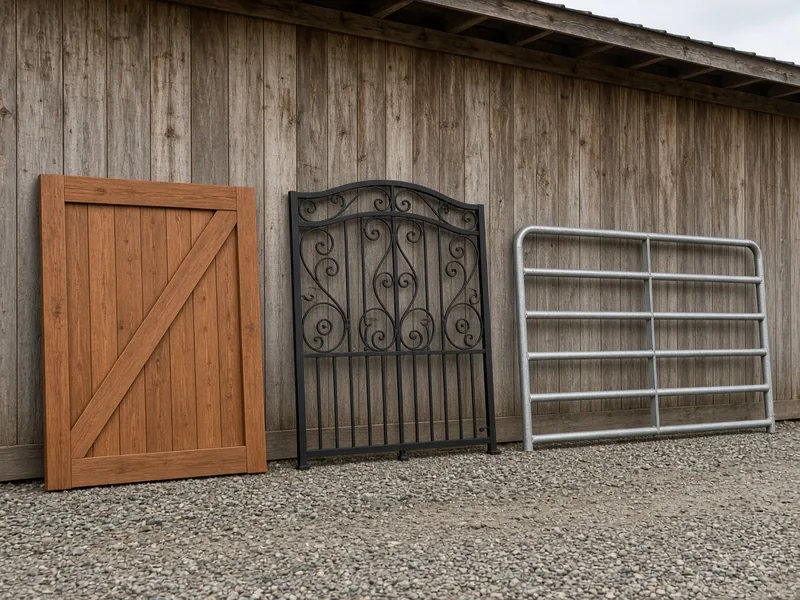 Wood, ornamental iron and galvanized pipe gate samples against a barn wall, Murfreesboro, TN