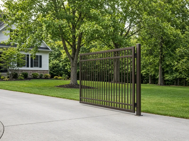 Single bronze steel swing gate open on a suburban driveway, Murfreesboro, TN