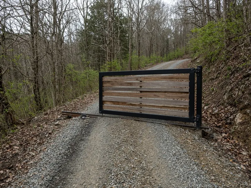 Steel-frame wood slide gate on a ground track across a wooded uphill drive, Murfreesboro, TN