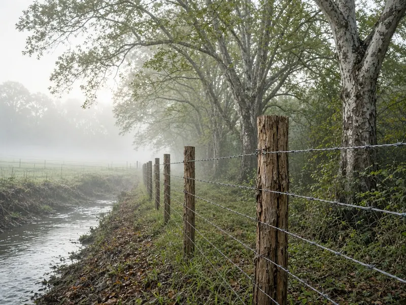 Four-strand barbed wire on cedar posts along a foggy creek, Murfreesboro, TN