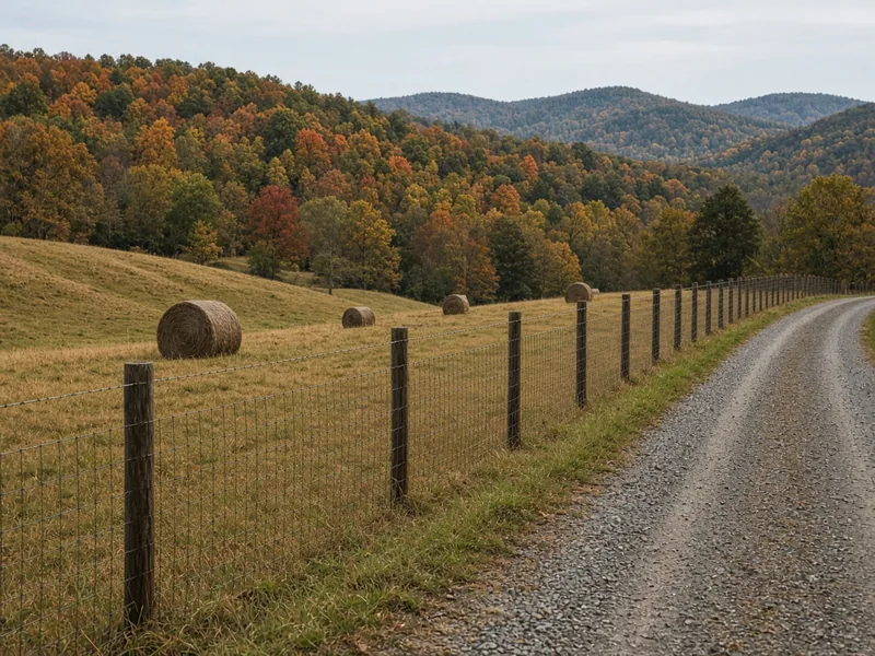 Woven wire fence along a gravel farm lane with hay bales in autumn