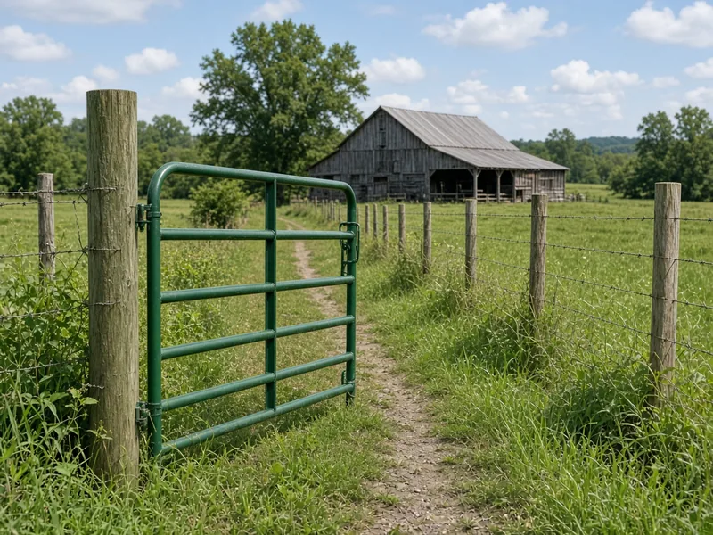 Green tube gate in a barbed wire fence on a pasture lane by an old barn