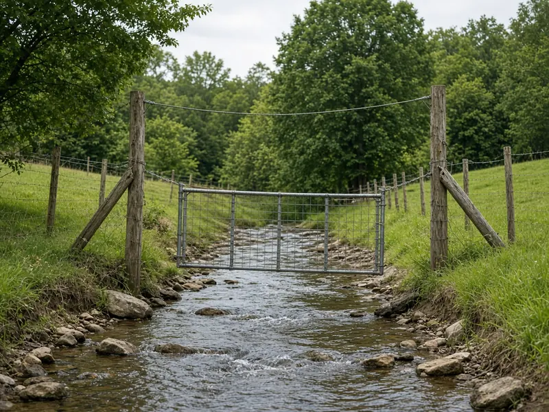 Hanging water gap panel where a farm fence crosses a rocky creek