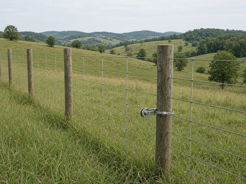 Smooth high-tensile wire fence with an inline strainer on rolling pasture, Murfreesboro, TN