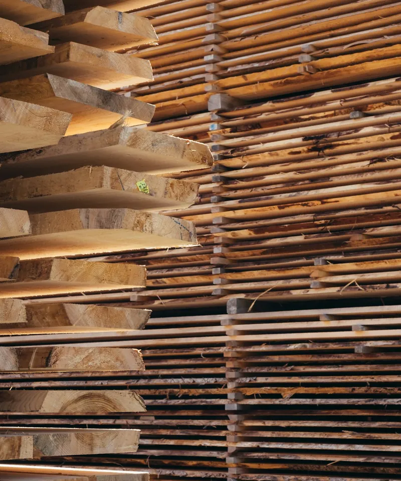 Stacks of rough-sawn fence boards and pickets drying in a lumber yard