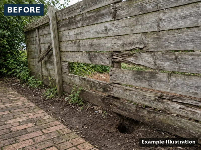 Example illustration: before — broken, gapped horizontal-board fence with a dug hole, Murfreesboro, TN