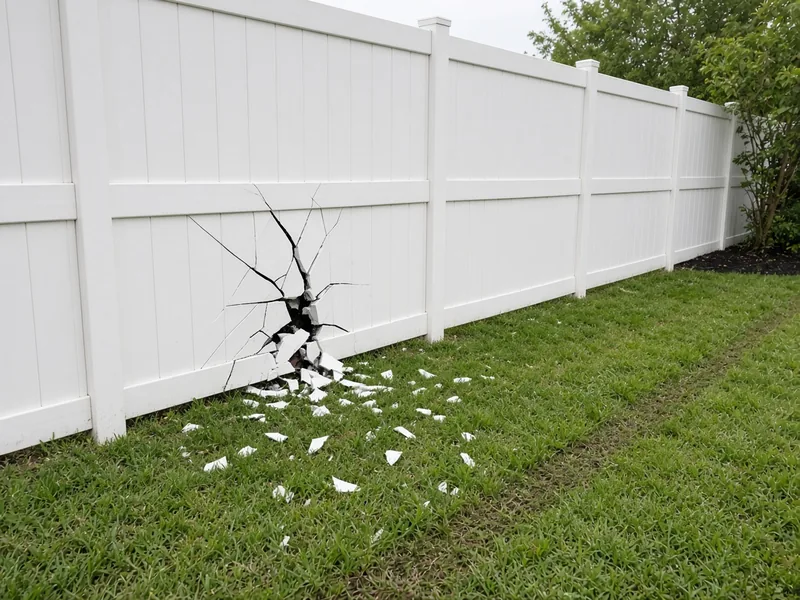 Cracked white vinyl privacy panel next to a mower track, Murfreesboro, TN