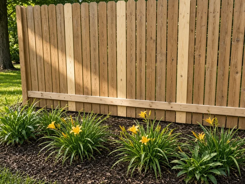 New pine pickets and rail patched into a dog-ear privacy fence