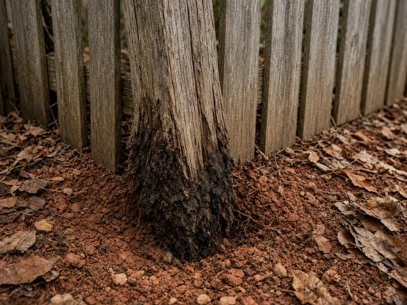 Wood fence post rotted off at the soil line in red clay, Murfreesboro, TN