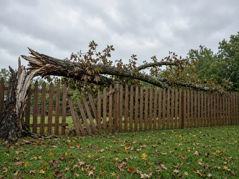 Storm-broken oak limb across a wood picket fence, Murfreesboro, TN