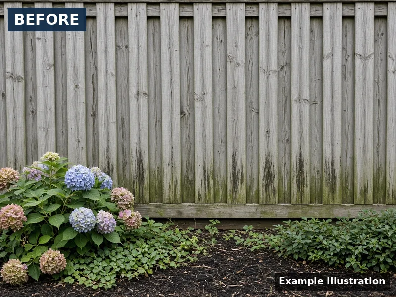 Example illustration: before — gray mildewed board-on-board fence behind hydrangeas, Murfreesboro, TN