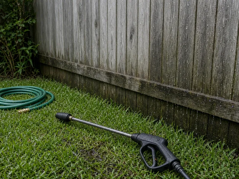 Pressure washer wand beside a freshly washed gray wood fence, Murfreesboro, TN